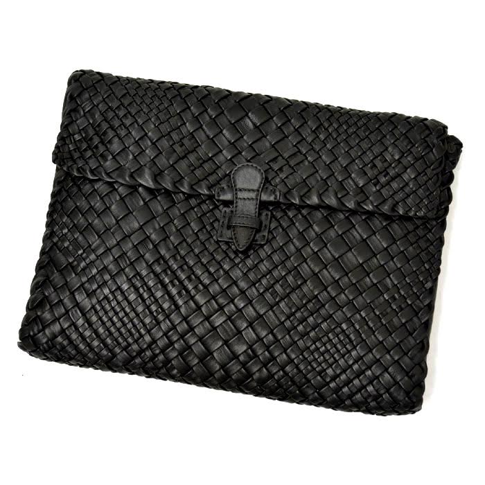 FALORNI【ファロルニ】イントレチャートフラップクラッチバッグ 818/U genuine leather intrecciato BLACK（レザーイントレチャート ブラック）
