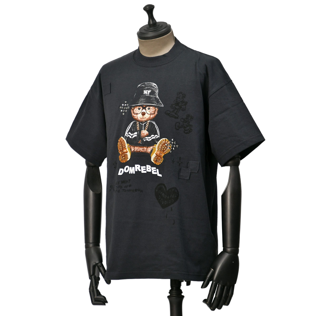 DOMREBEL【ドムレーベル】プリントTシャツ NY BEAR T SHIRT CRYSTALS OLD BLACK コットン ラインストーン ブラック